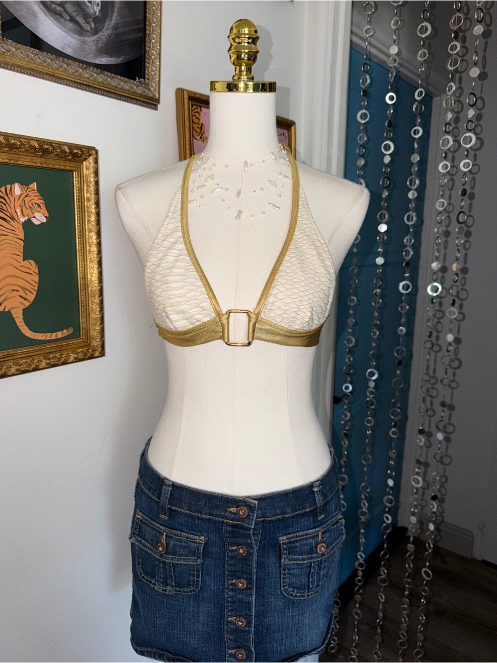 Vintage Y2K Gold-Trim White Halter Bikini Top